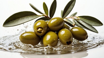 bunch of olive on plain white background with water splash