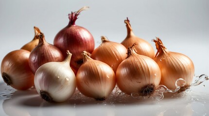 bunch of onion on plain white background with water splash