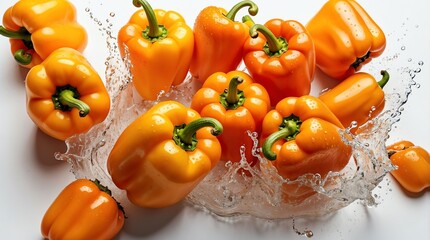bunch of orange bell pepper on plain white background with water splash