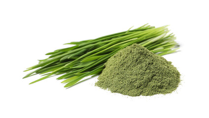 Pile of wheat grass powder and fresh sprouts isolated on white