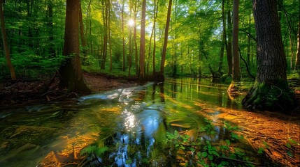 sunlit forest clear stream pic