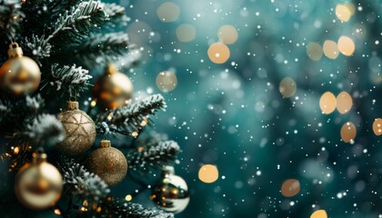 Festive Christmas scene with blurred snowflakes and green bokeh background