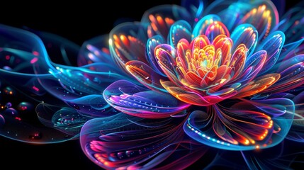 Obraz premium A vibrant, multicolored flower contrasted against a dark black background, showcasing its vivid hues and intricate details