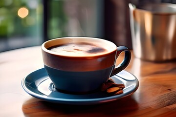  Aromatic coffee beans and cup of coffee on dark table, inviting and energizing.