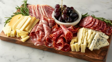 A platter filled with assorted meats, cheeses, and grapes arranged neatly on a serving tray