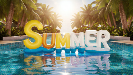 Inflatable "SUMMER" letters floating on clear blue water in a tropical pool setting with palm trees.