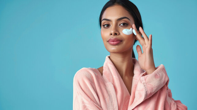young indian woman applying cosmatic cream on face