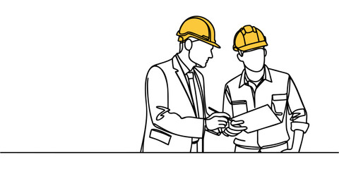 One line illustration of two male architects, engineers or contractors talking about a project