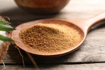 Spoon with coconut sugar on wooden table, closeup