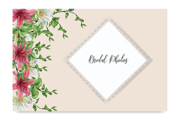 WEDDING INVITATION FRAME WITH FLOWER DECORATIONS AND FRESH LEAVES 