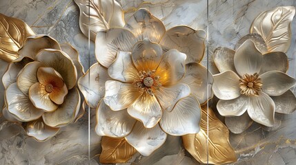 Marble background 3-panel wall art, close-up of elegant golden and silver flower designs, rich texture and refined details