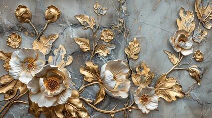 Luxurious 3-panel wall art, marble background with golden and silver floral designs, close-up showcasing detailed craftsmanship