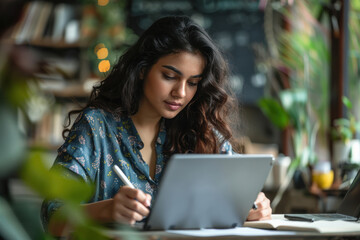 young indian woman working on laptop
