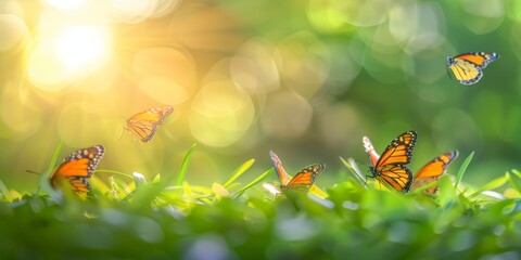 Multiple butterflies fluttering over a vibrant green field