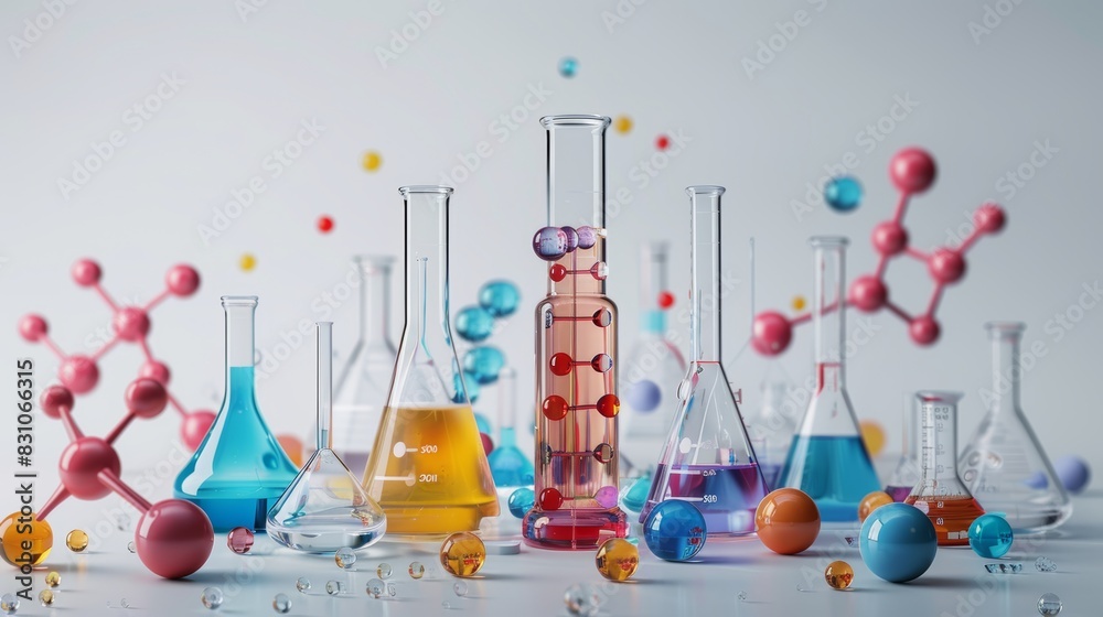 Wall mural illustration of a scientific experiment setup with different glassware and colorful liquids, molecul