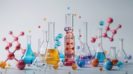 Illustration of a scientific experiment setup with different glassware and colorful liquids, molecule models, isolated background, studio lighting