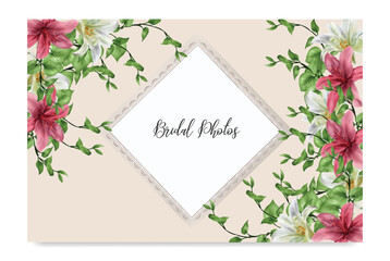 WEDDING INVITATION FRAME WITH FLOWER DECORATIONS AND FRESH LEAVES 