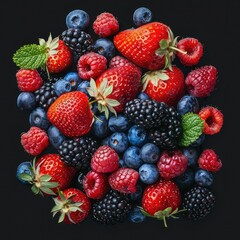 Obraz premium Fresh blueberries, raspberries, strawberries and blackberries isolated on black background.