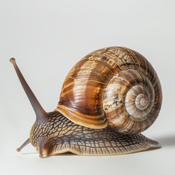Detailed view of a snail crawling on a plain white surface