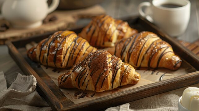 Freshly baked croissants with chocolate fudge on a tray for breakfast