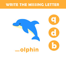 Write the missing letter. Worksheet for kids. Find missing letter worksheet for children.
