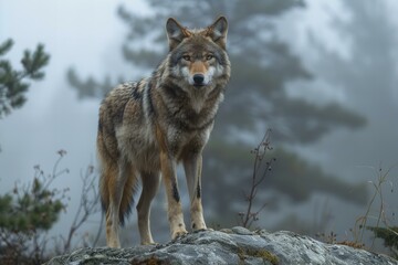A wolf standing on a large rock near foggy tree tops