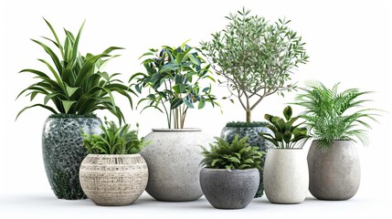 Fototapeta premium beautiful plants in ceramic pots isolated on white digital composition for architecture visualization