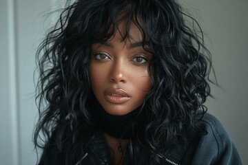 Digital artwork of black hair sassy woman long curly hair, high quality, high resolution