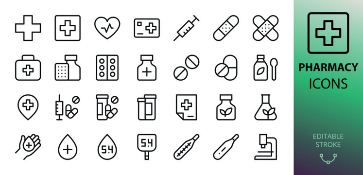 Pharmacy isolated icons set. Set of drugstore, heart pulse, syringe, medical patch, tablets and pills, cough syrup, prescription, glucose meter, thermometer, capsule, firs aid kit vector icon