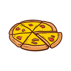 Vector illustration of delicious pizza with slices. Very suitable for food content, and complements design.
