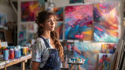 Obraz premium Young Female Artist in Studio Surrounded by Vibrant Abstract Paintings and Art Supplies