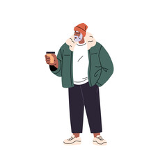 Modern old man wearing stylish winter outerwear. Fashion senior holds paper cup of tea or coffee in hand. Bearded aged person in hat standing with hot drink. Flat isolated vector illustration on white