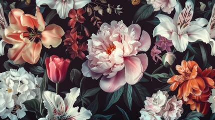 Elegant Baroque Floral Arrangement with Vintage Peonies, Tulips, Lily, and Hydrangea on Black Background - Botanical Illustration