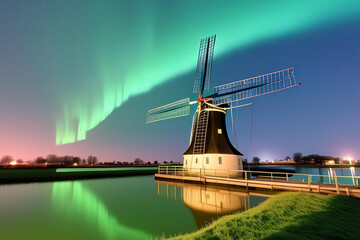 Fototapeta premium Windmill in the night sky covered in aurora borealis