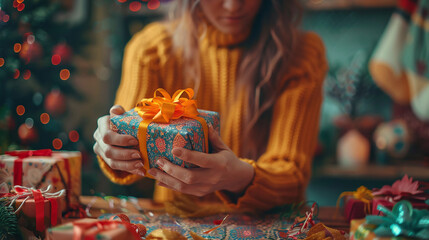 Woman in Yellow Sweater Holding Wrapped Christmas Present with Orange Bow in Festive Setting