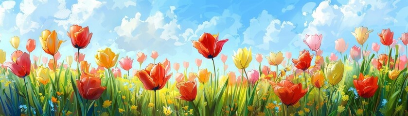 Obraz premium A gorgeous watercolor painting of a field of vibrant tulips set against the backdrop of a clear blue sky.