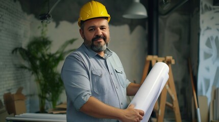 Portrait of multiethnic architect with blueprints in creative office Mature middle eastern contractor holding roll of architectural projects while looking at camera Happy latin man in  : Generative AI