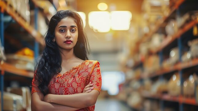 Confident Indian woman portrait entrepreneur at ecommerce fashion outlet or warehouse looking at camera  concept of small business owner businesswoman and empowerment : Generative AI