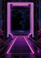 A dark, futuristic, and retro style with a glowing purple neon gate in the center.