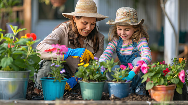 Mother and Daughter Gardening Together Planting Colorful Flowers in Sunny Backyard