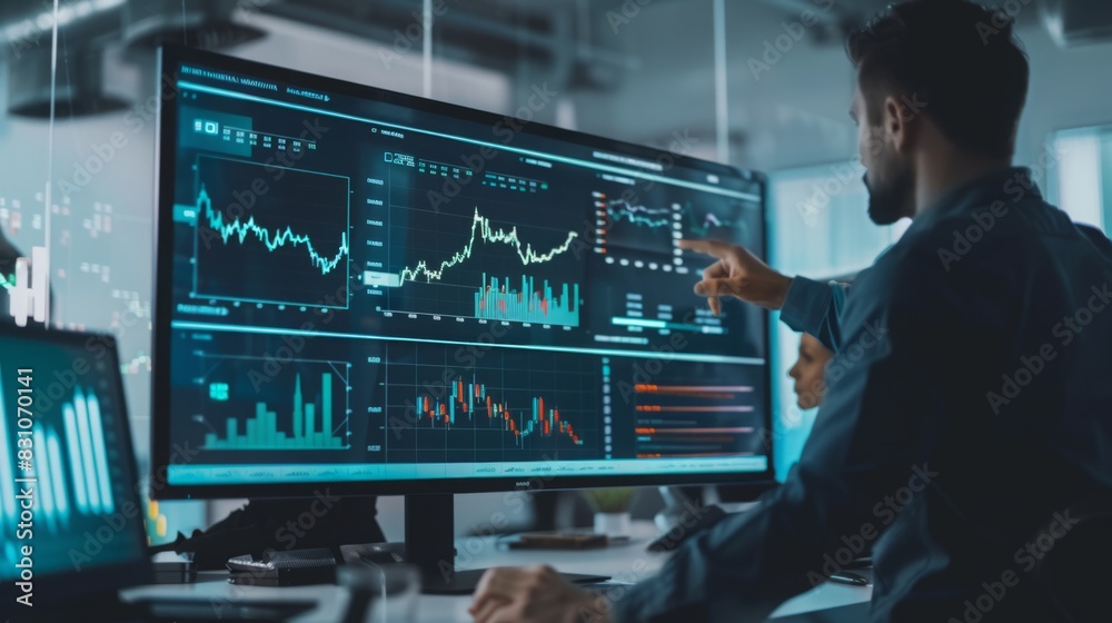 Poster a man standing and pointing directly at a computer screen, showing information or presenting data.