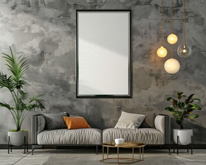 A living room with a couch, coffee table, plants, and a blank frame on the wall
