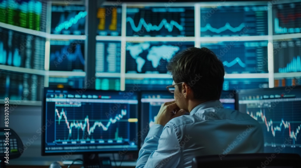 Poster a man is seated at a desk, surrounded by multiple monitors displaying various data. he appears focus