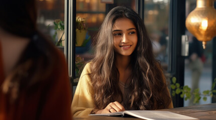 young indian two female sitting at the cafe and talking