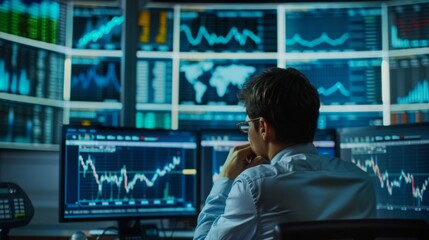 A man is seated at a desk, surrounded by multiple monitors displaying various data. He appears focused and engaged in his work.