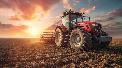 Obraz premium Red Tractor Plowing Field at Sunset Agriculture Farming Landscape with Dramatic Sky