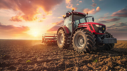 Red Tractor Plowing Field at Sunset Agriculture Farming Landscape with Dramatic Sky