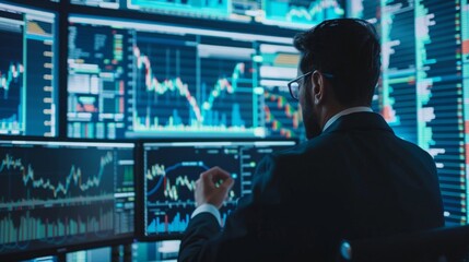 A professional businessman in a suit is focused on multiple screens, displaying data and information for analysis and decision-making.