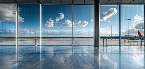 Spacious airport terminal with clear sky view through large windows, showing few parked airplanes on sunlit runway during sunny day. Copy space.