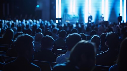 Crowd of Business People in Dark Conference Hall Watching an Innovative Inspiring Keynote Presentation Business Technology Summit Auditorium Room Full of Corporate Delegates : Generative AI